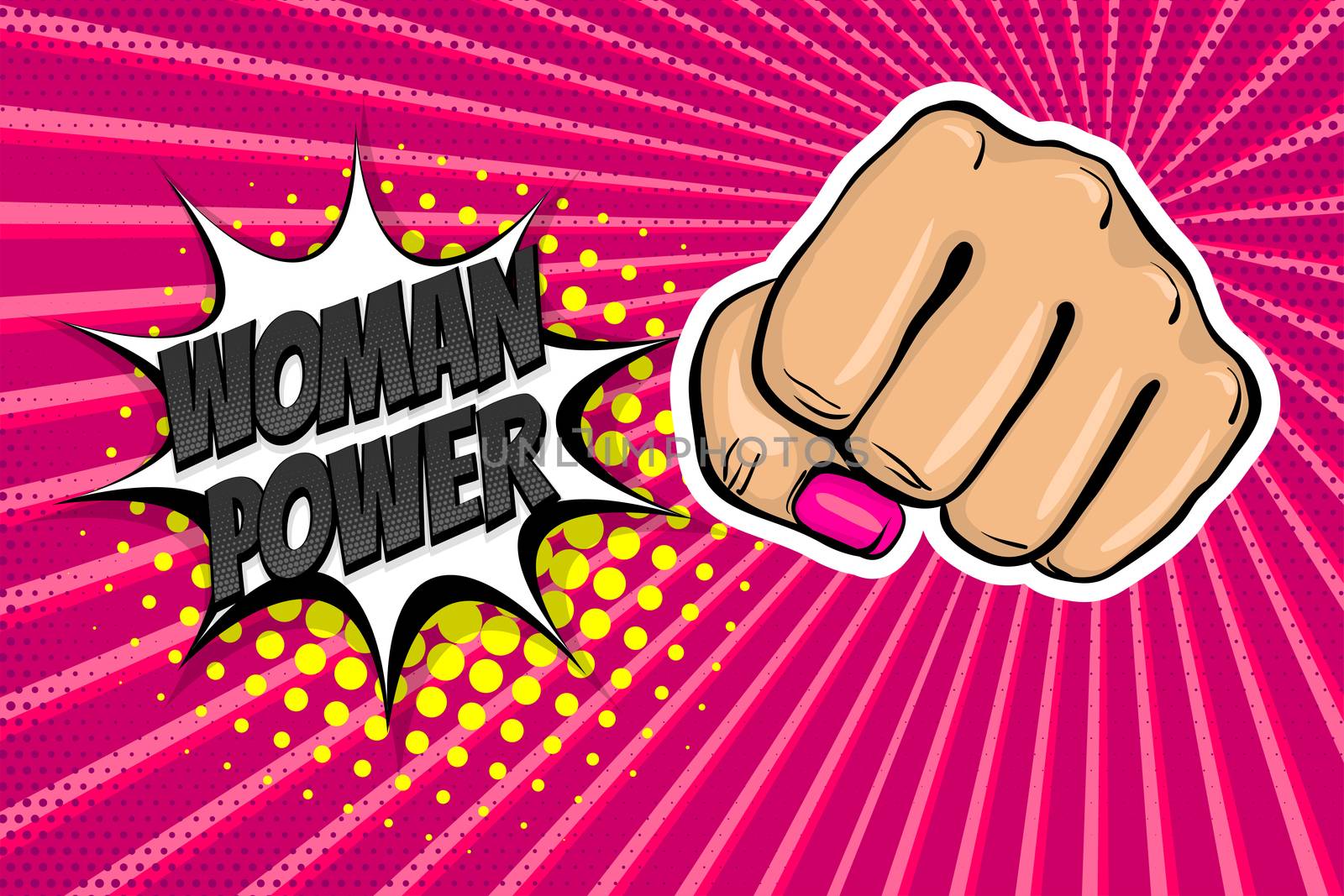 Woman fist - Girl power strong vector illustration. Cartoon pop art style halftone background. Female rights industry. Feminism symbol design. Fight poster protest. Comic book text speech bubble.