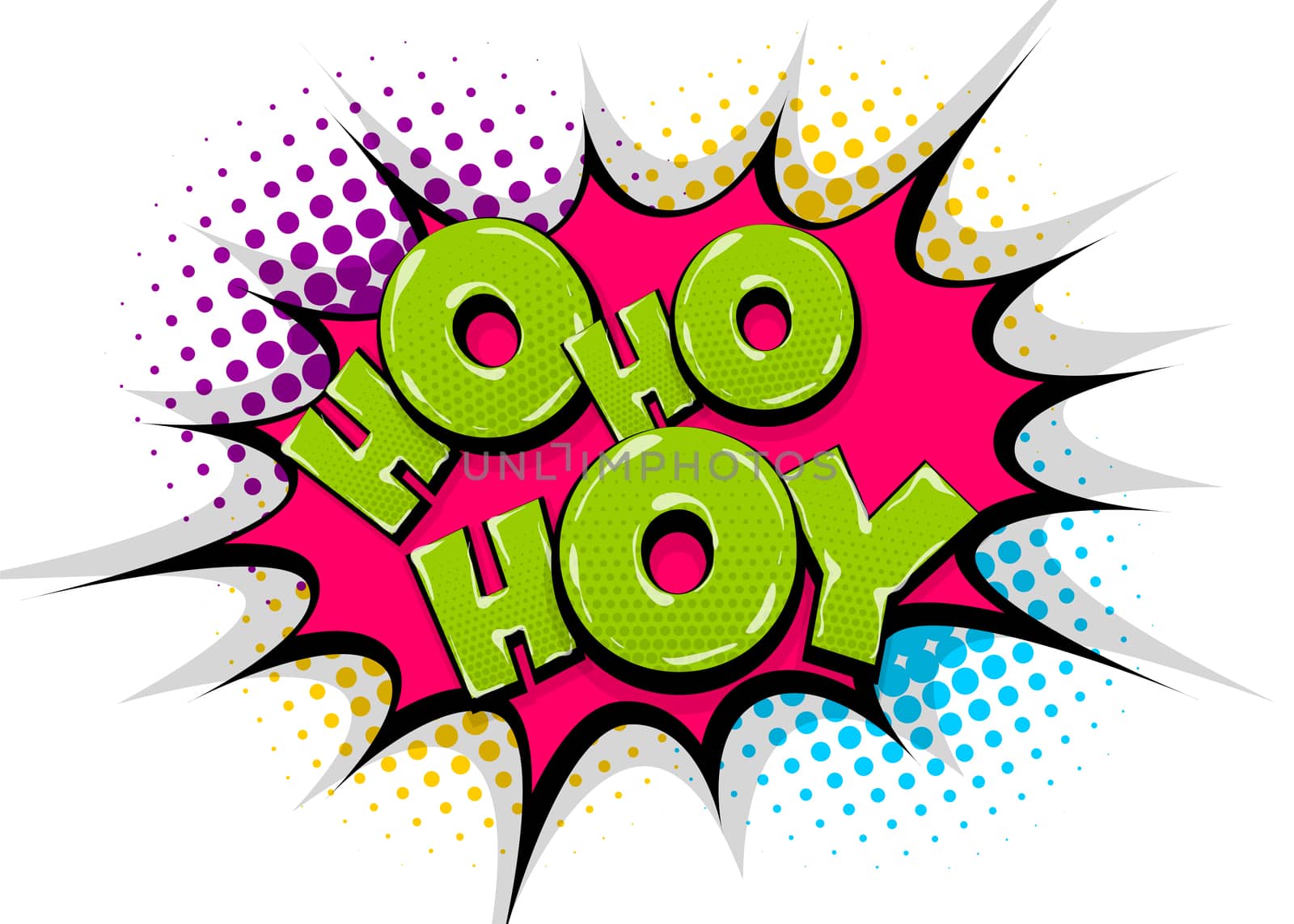 Hoy hey hello greeting, wow comic text speech bubble. Colored pop art style sound effect. Halftone vector illustration banner. Vintage comics book poster. Colored funny cloud font.