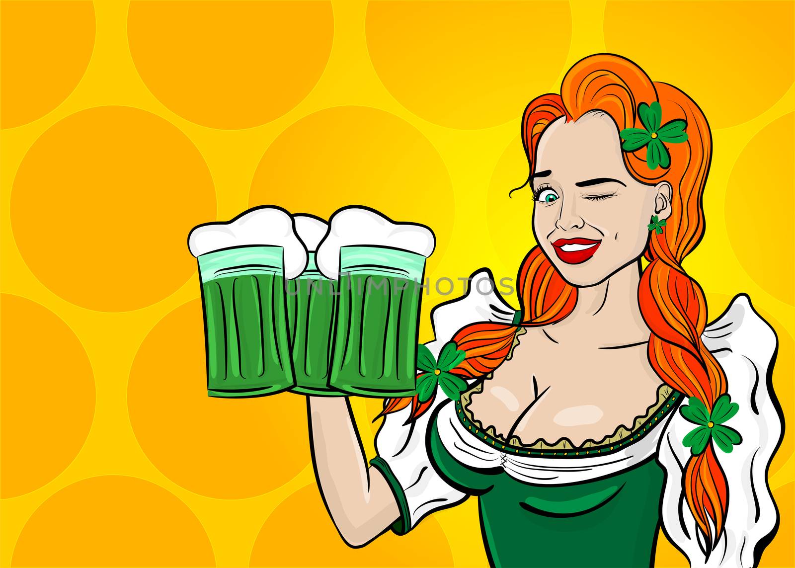 Wink cute fashion girl. Happy St Patrick's Day pop art. Sexy red woman wow face hold ale green glass. Holiday vector illustration greeting. Shamrock cartoon clover. Funny colored kitsch.