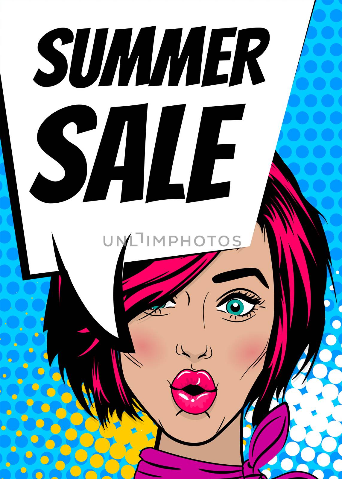 Summer sale. Pop art sexy woman advertise vintage poster. Comic book text balloon speech bubble. Discount banner vector retro illustration. Girl comic wow face surprised marketing special offer.