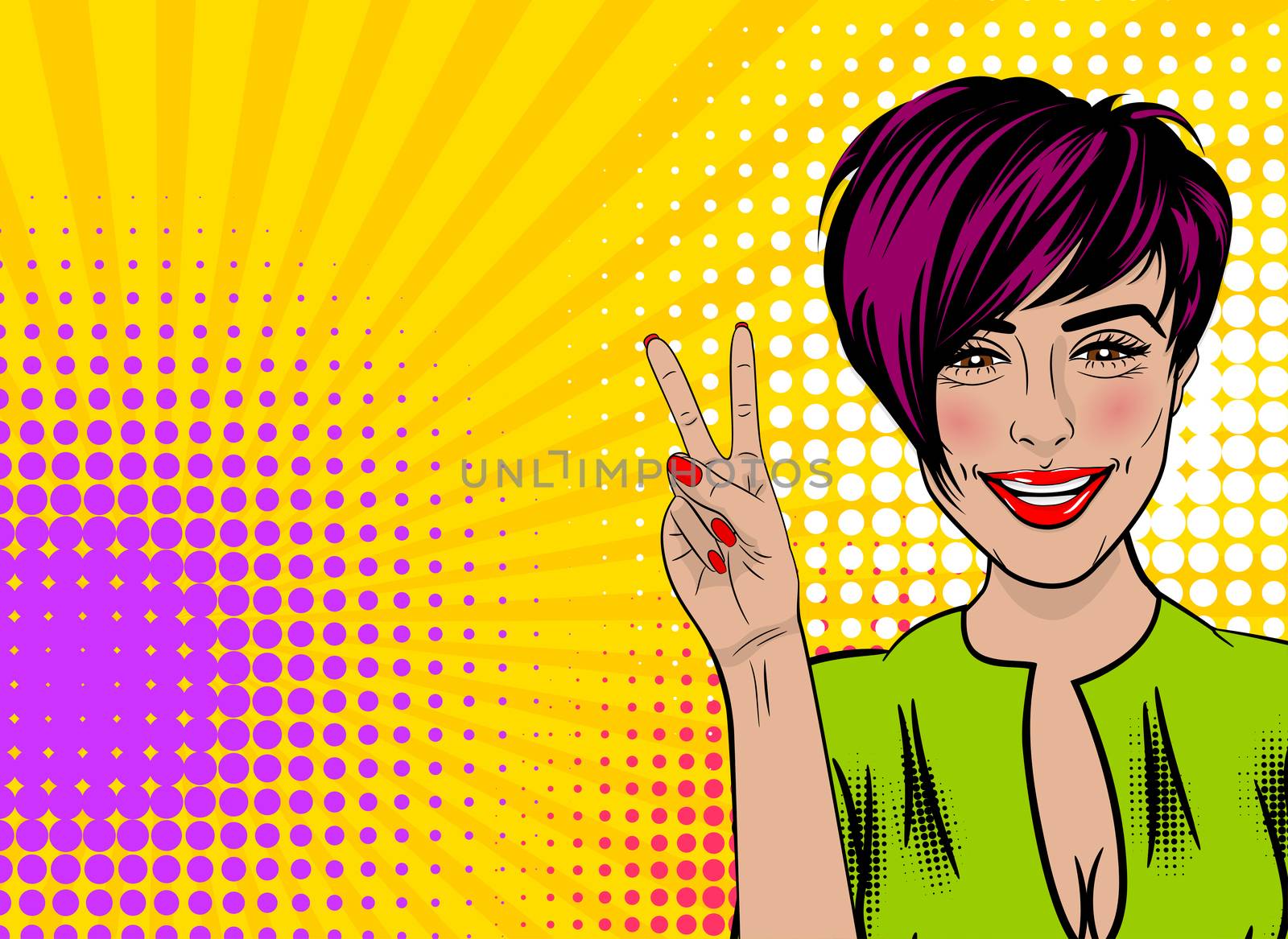 Beautiful sexy positive girl show peace symbol two fingers, smile lips style pop art. Comic book colored halftone background. Vector dot illustration. For comic text advertisement.