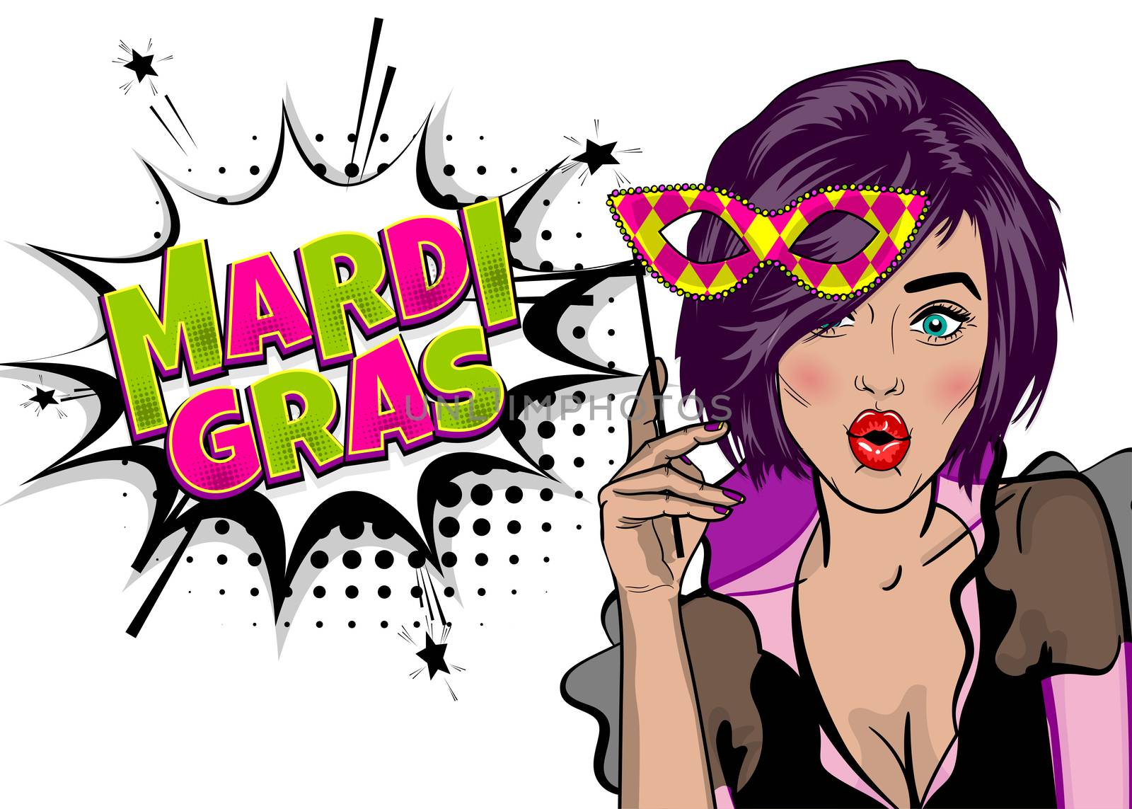 Pop art woman girl wow face kitsch fashion. Hold hand mask. Mardi Gras - Fat Tuesday carnival carnival in a French-speaking country. Comic book cartoon vector illustration pop art speech bubble.