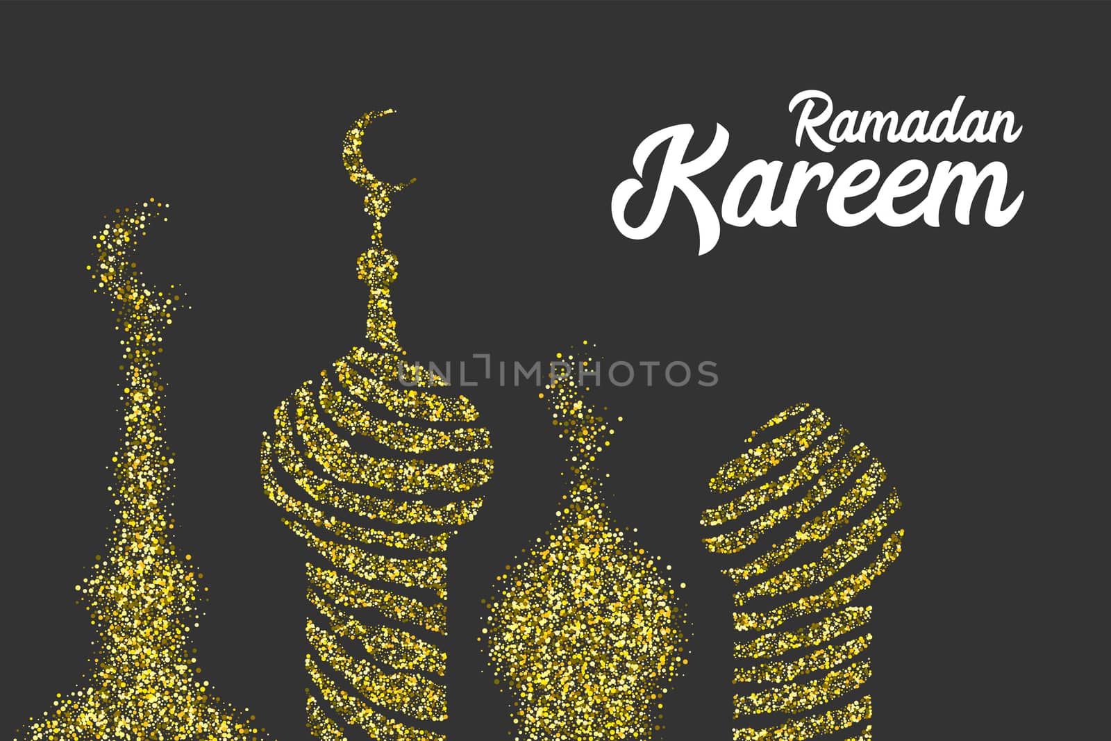 Ramadan Kareem golden sparkle greeting card. Muslim islamic eid mubarak celebration. Holy arabic religiondesign. Vector illustration. Shiny night poster glitter effect.