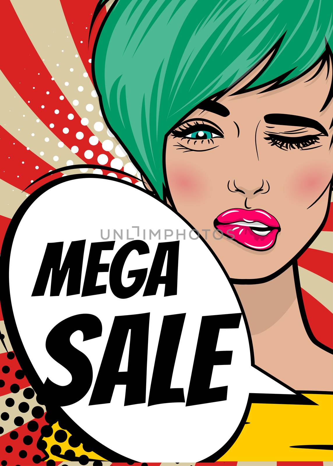 MEGA SALE. Pop art sexy woman advertise vintage poster. Comic book text balloon speech bubble. Discount banner vector retro illustration. Girl comic wow face surprised marketing special offer.