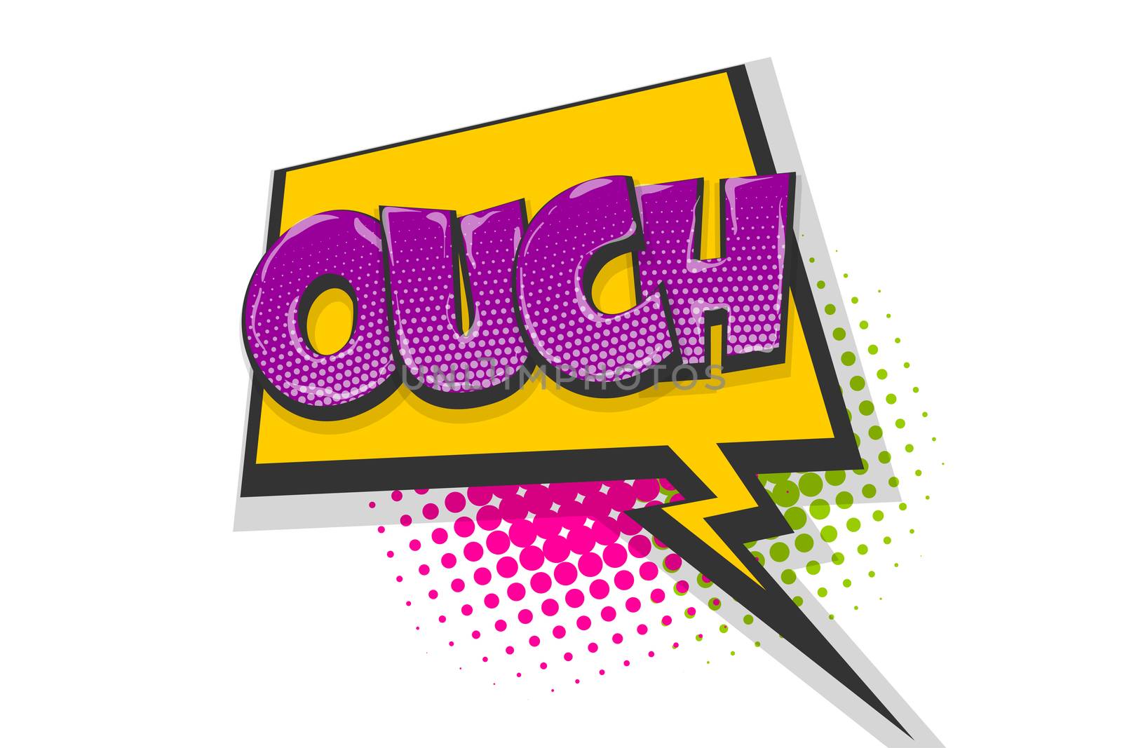 Omg ouch oops comic text speech bubble. Colored pop art style sound effect. Halftone vector illustration banner. Vintage comics book poster. Colored funny cloud font.