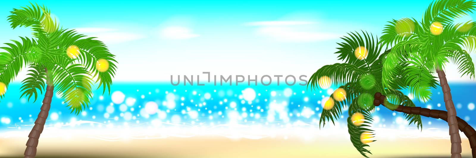 Horizontal summer time palm tree banner. Palm leaf seashore sand beach. Ocean poster sunny tropical vector illustration. Hawaii landscape paradise. Colored party invitation.