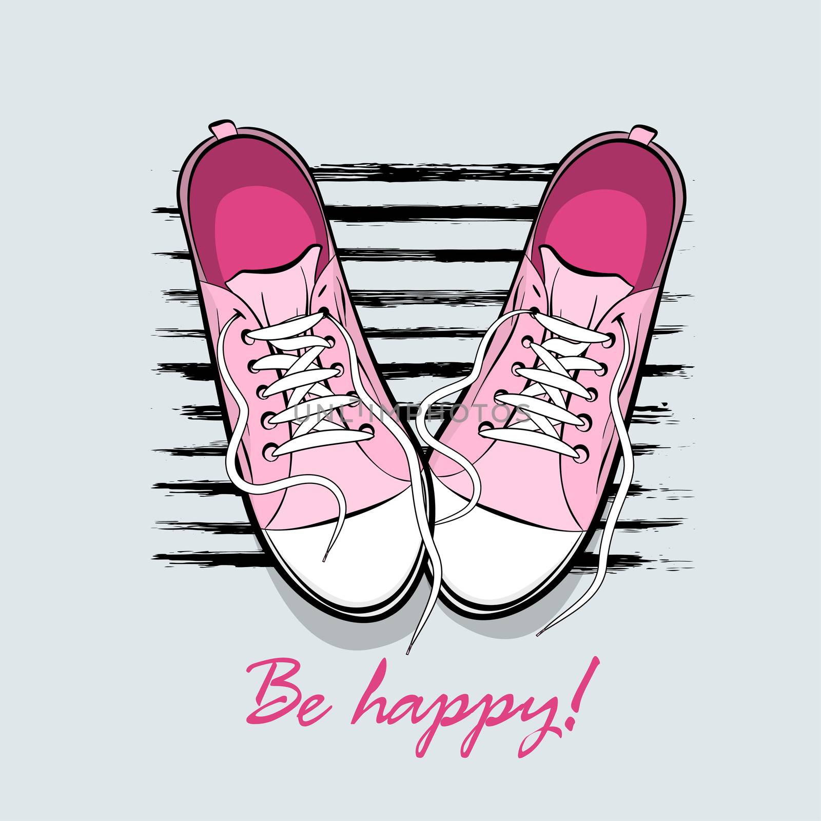 Be happy printable poster. Youth young trendy fashion. Pop art drawing sneakers shoes. Kitsch colored comic text background. Pair sporty shoes.