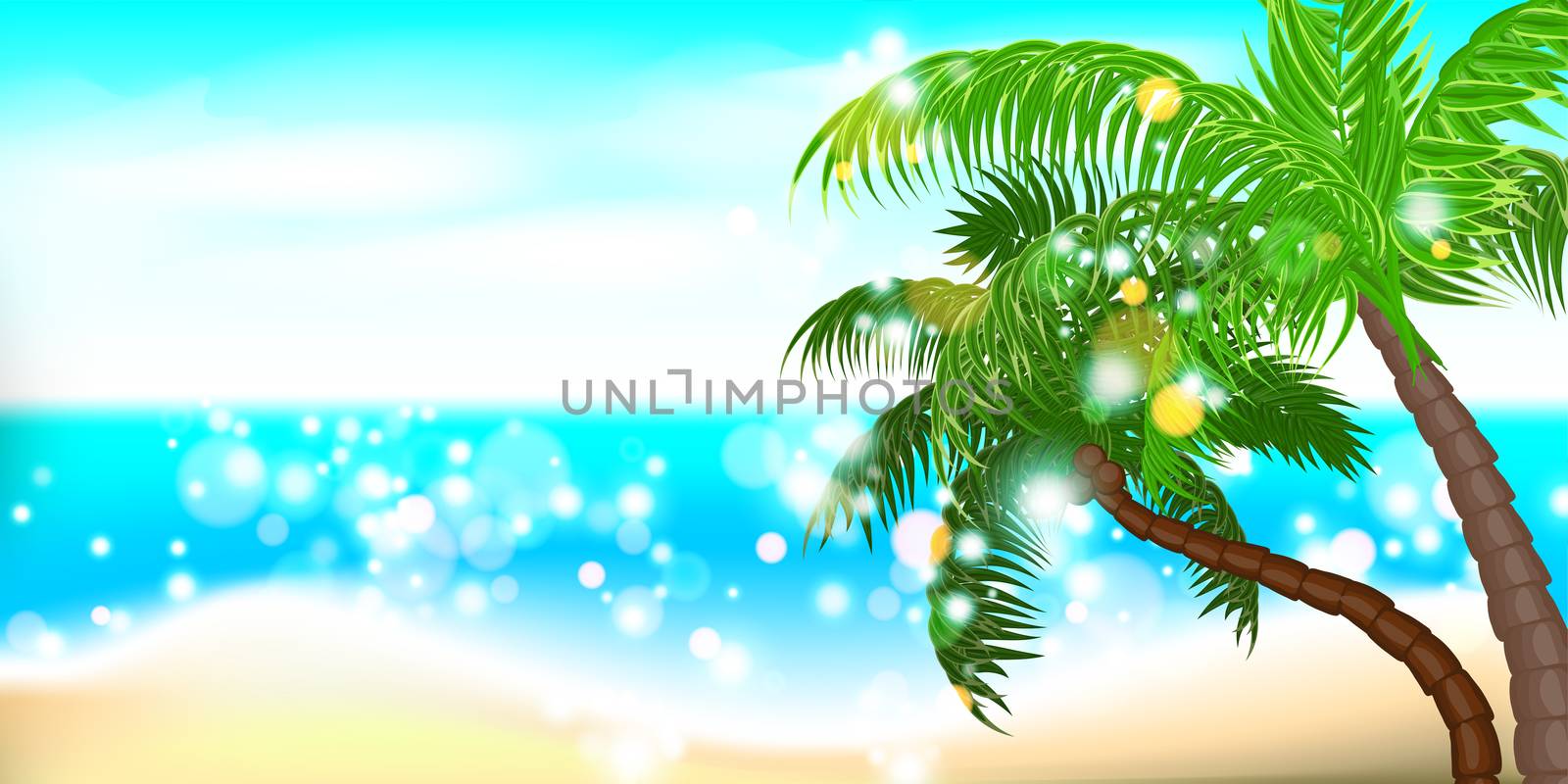 Horizontal summer time palm tree banner. Palm leaf seashore sand beach. Ocean poster sunny tropical vector illustration. Hawaii landscape paradise. Colored party invitation.