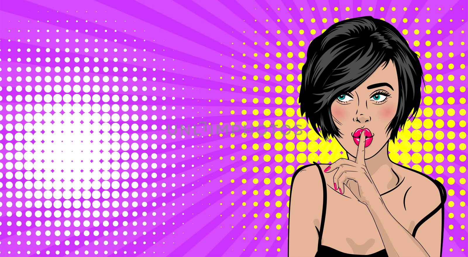 Beautiful sexy positive girl short hair watching and show shh, silence, pink lips style pop art. Comic book colored  halftone background. Vector dot illustration. For comic text advertisement.