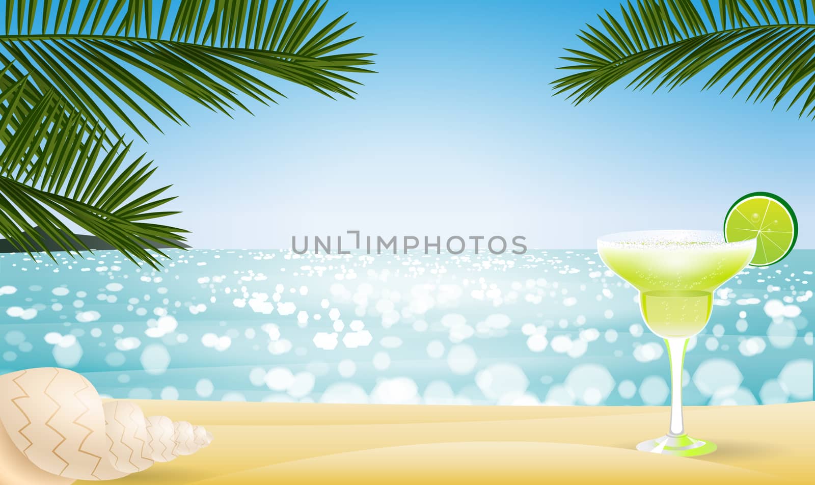 Cocktail party glass with lime in sandy tropical beach ocean cost, sea wave with sea shell. Sunny summer season. Realistic palm leaf, calm day moody. Seascape vector background. Hot season holiday.
