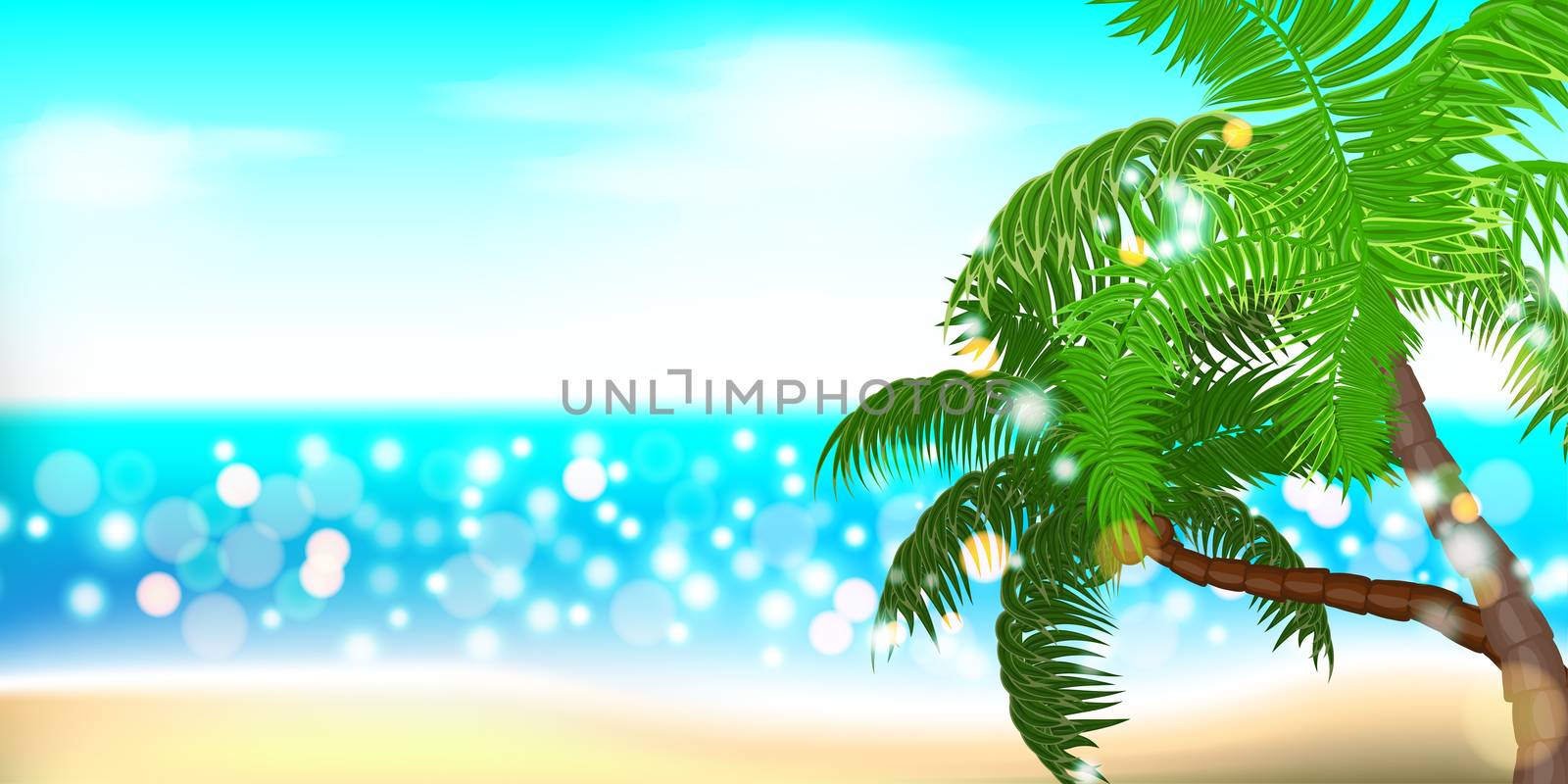 Horizontal summer time palm tree banner. Palm leaf seashore sand beach. Ocean poster sunny tropical vector illustration. Hawaii landscape paradise. Colored party invitation.