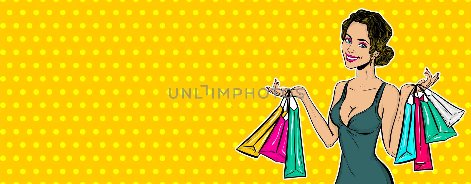 White woman pop art. Caucasian girl hold shopping bag. Comic book cartoon female character. Wow smiling face vector illustration. Vintage halftone background. Happy summer sale, spring, autumn sale.