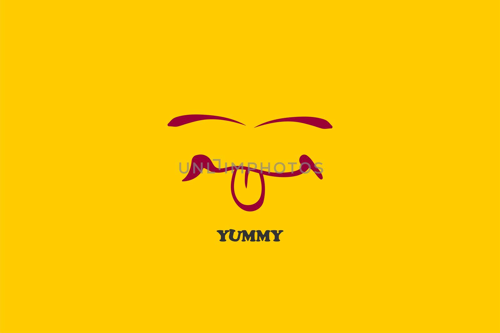 Yellow simple emoji yummy smile tongue face. Vector sketch cartoon illustration. Funny comic text banner isolated. Retro print textile style. Greeting poster.