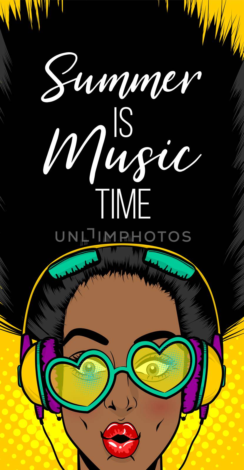 Black woman in sunglasses earphones. Wow face pop art style beautiful. Shocked face vintage girl. Disco music banner. Vintage poster WOW SALE kitsch advertise. Summer party love music phrase.
