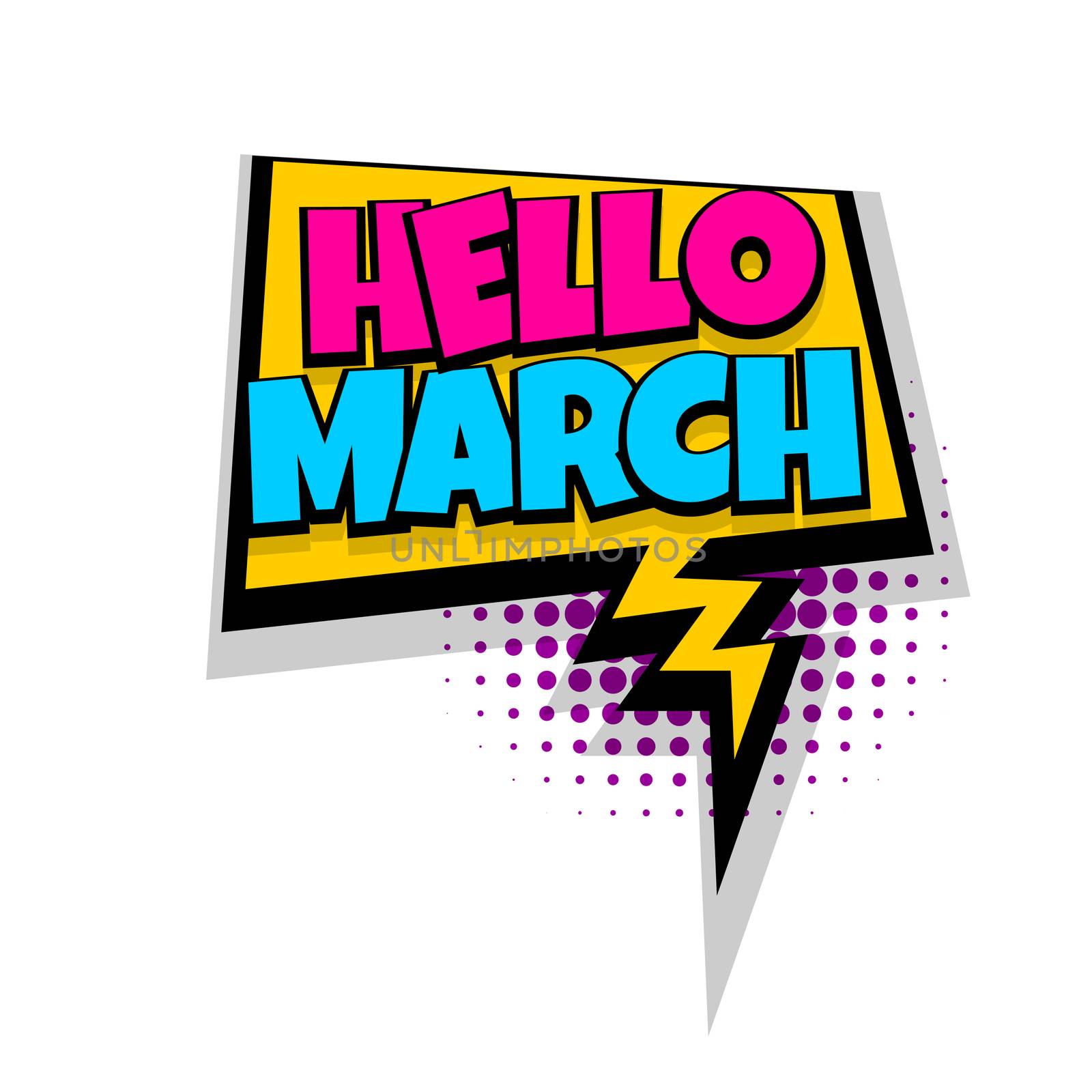 Lettering march month greeting. Comics book balloon. Bubble icon speech phrase. Cartoon font label tag expression. Comic text sound effects. Sounds vector illustration.