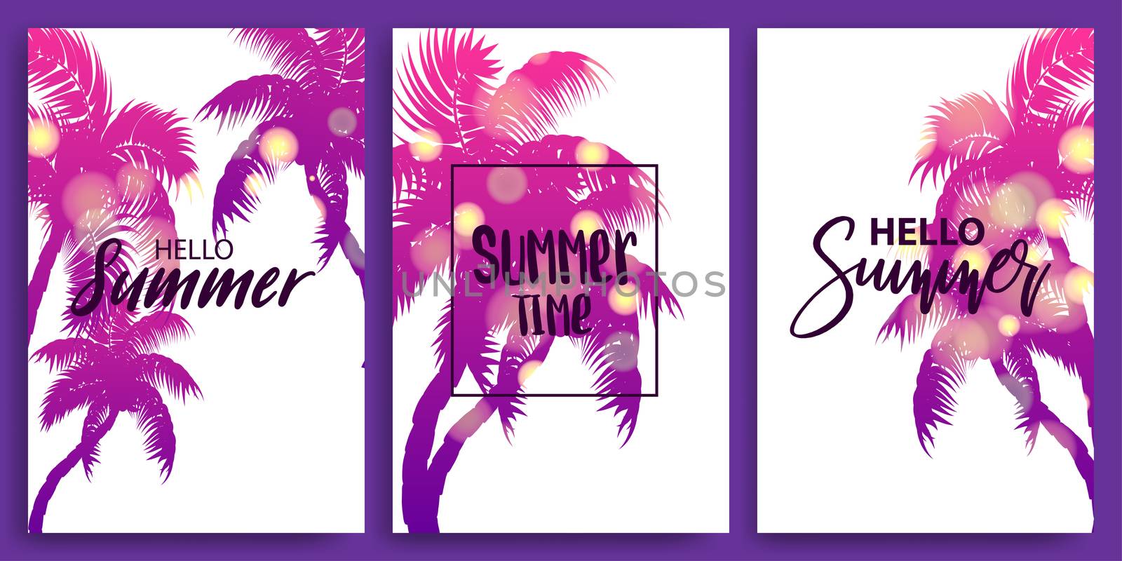 Isolated blurred greeting hello summer time banner. Vintage retro vacation poster. Set season advertise sale vector backgrounds. Sunset, sunrise tropical travel paradise. Relaxing tourism bokeh poster