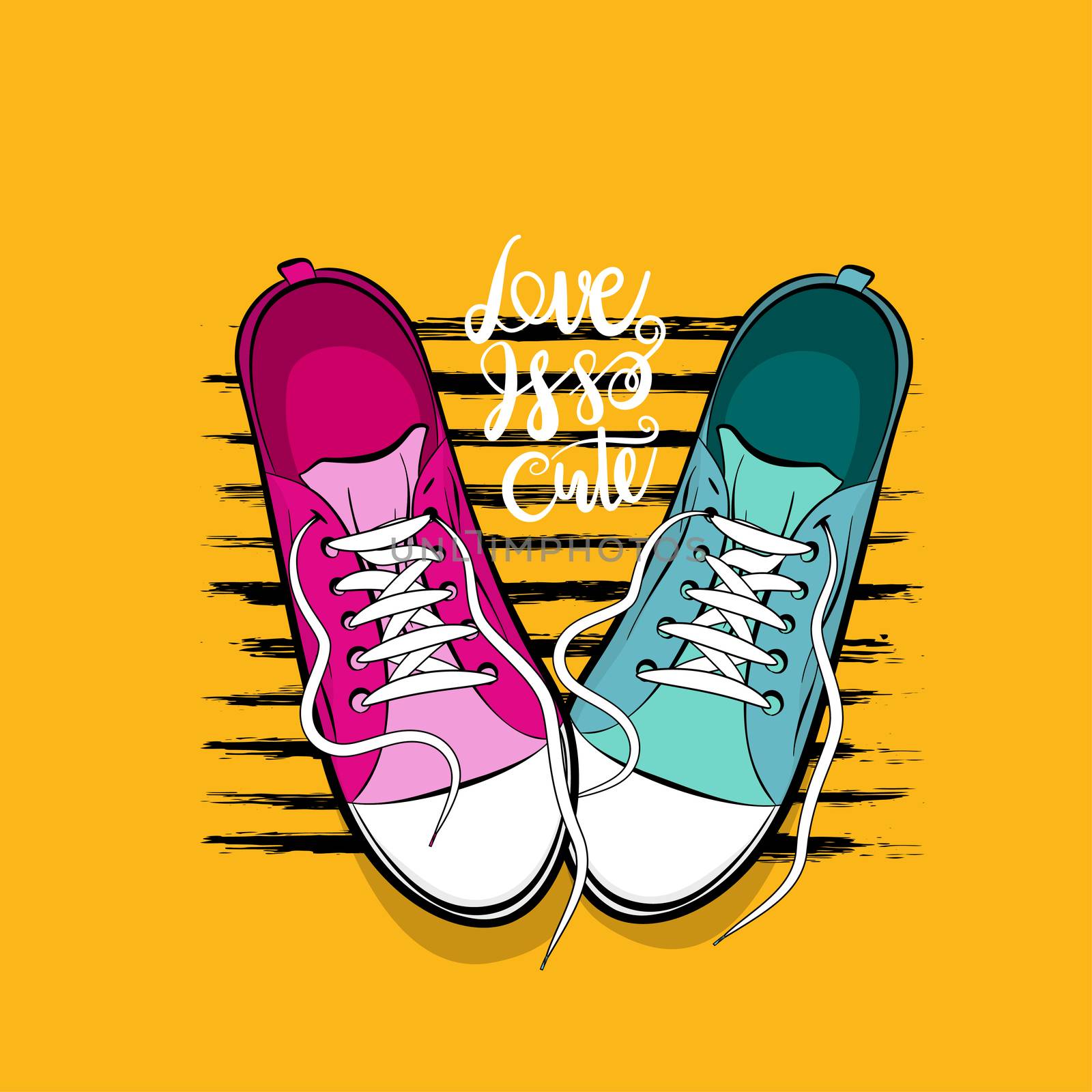 Love is cute. Romantic Valentines poster. Youth young trendy fashion. Pop art drawing sneakers shoes. Kitsch colored comic text background. Pair sporty shoes.