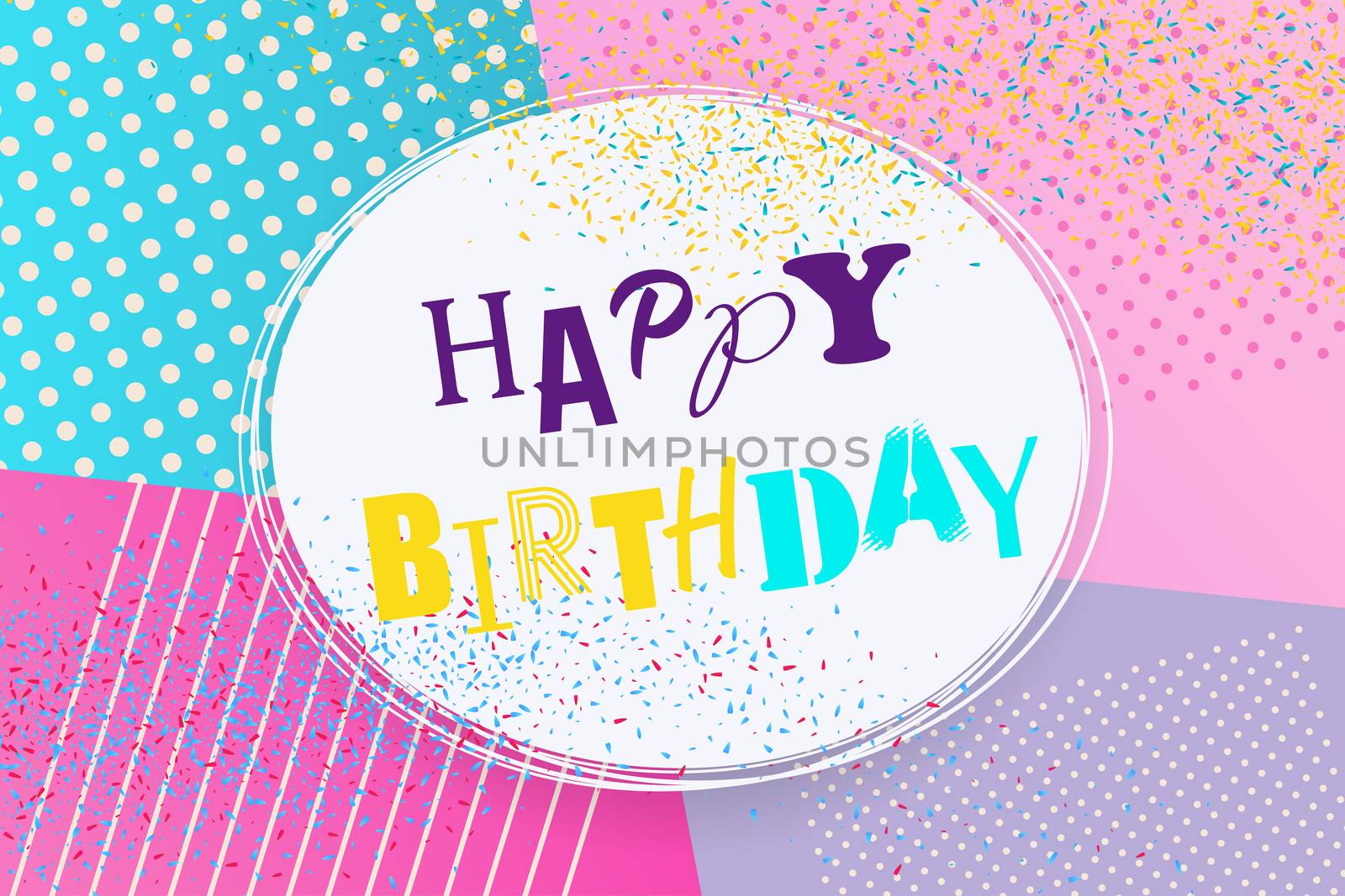 Happy birthday background Memphis style. Retro holiday backdrop 80s 90s pop art. Comic text lettering different font. Anniversary greeting poster. Halftone pattern vector illustration.