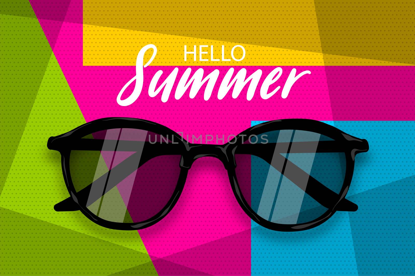 Hello summer time. Vector pop art poster realistic sunglasses. Geometric cube colored background. Vintage retro greeting lettering. Fashion 3d kitsch design.