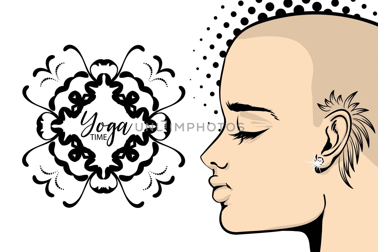 Bald tattoo woman yoga banner pop art. Calm vector illustration. India mehendi pattren. Wow girl face cartoon style design. Pretty woman portrait. Halftone dotted background. Vintage lettering.
