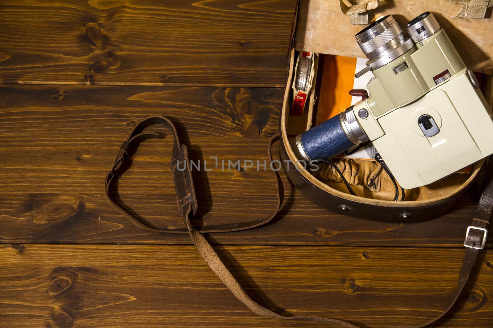 Vintage Super 8 cine camera from the 1960 with his original case on wooden background