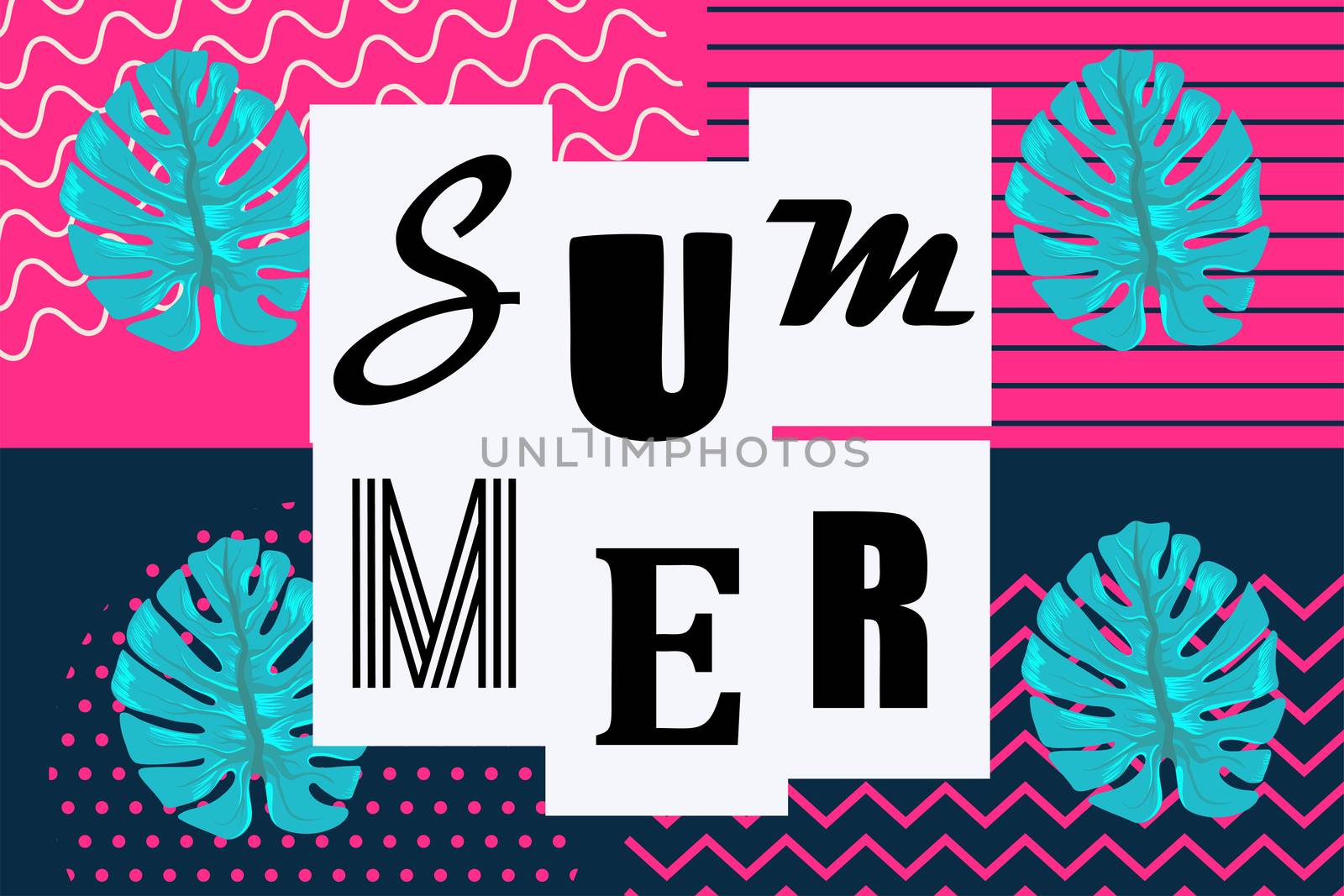 Summer background Memphis style. Retro tropical backdrop 80s 90s pop art. Comic text lettering different font. Sale poster monstera palm leaf. Halftone pattern vector illustration.