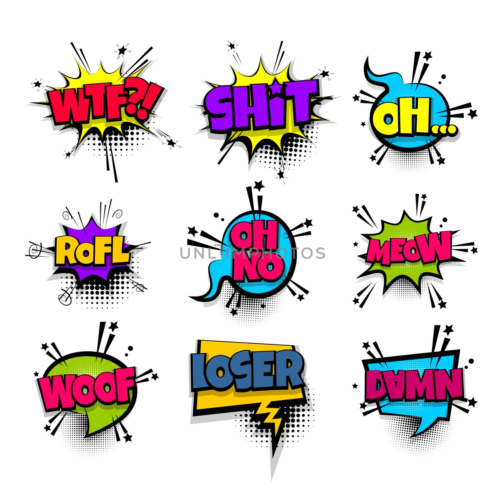 wtf shit meow woof loser set lettering. Comics book balloon. Bubble icon speech pop art phrase. Cartoon font label tag expression. Comic text sound effects. Vector illustration.