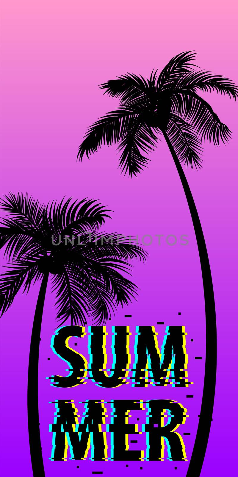 Summer time palm tree banner poster. Tropical monochrome colored advertise. Travel sale invitation. Vertical vector illustration background. Glitch effect. Simple silhouette.