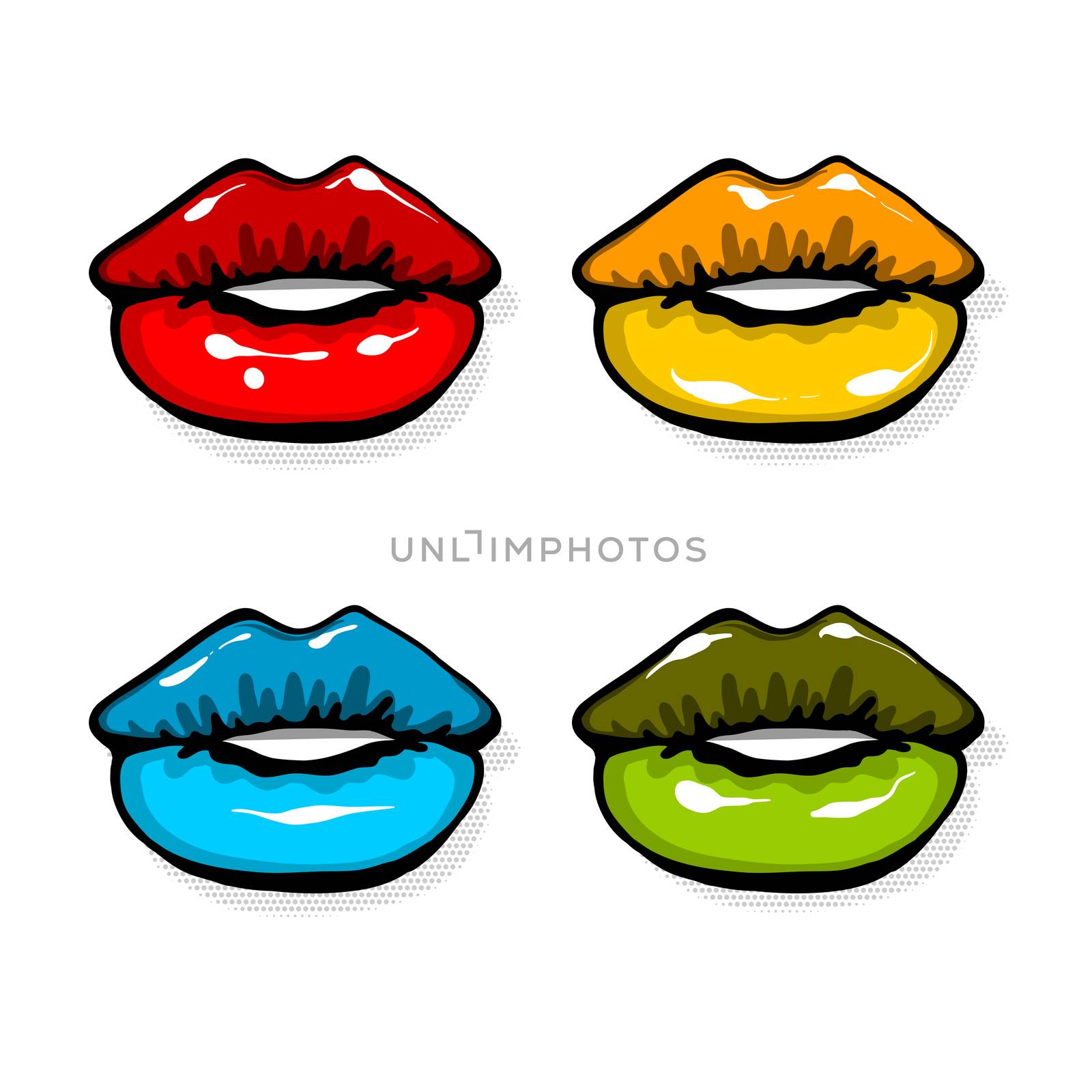 Open mouth woman lips pop art style. Vector fashion kitsch cartoon sketch design. Wow modern glossy sensual kiss. Hot feminine background