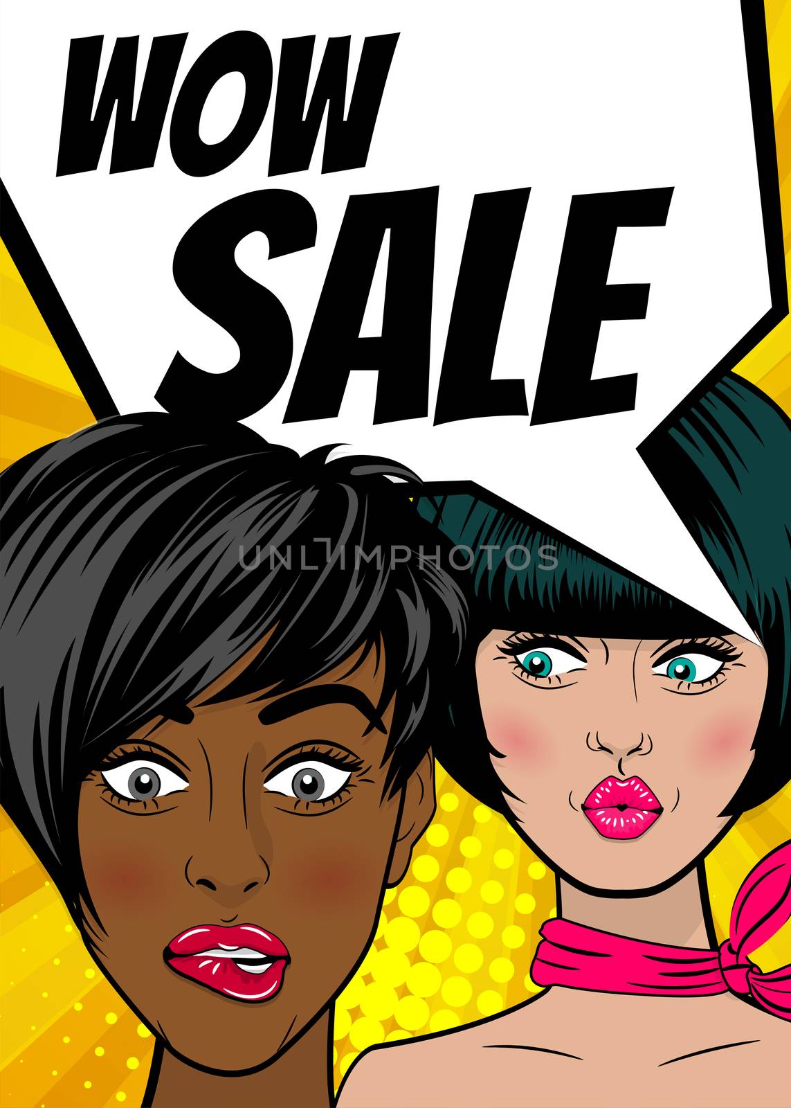 WOW Sale. Pop art two sexy women advertise vintage poster. Comic book text balloon speech bubble. Discount banner vector retro illustration. Girls comic wow face surprised marketing special offer.