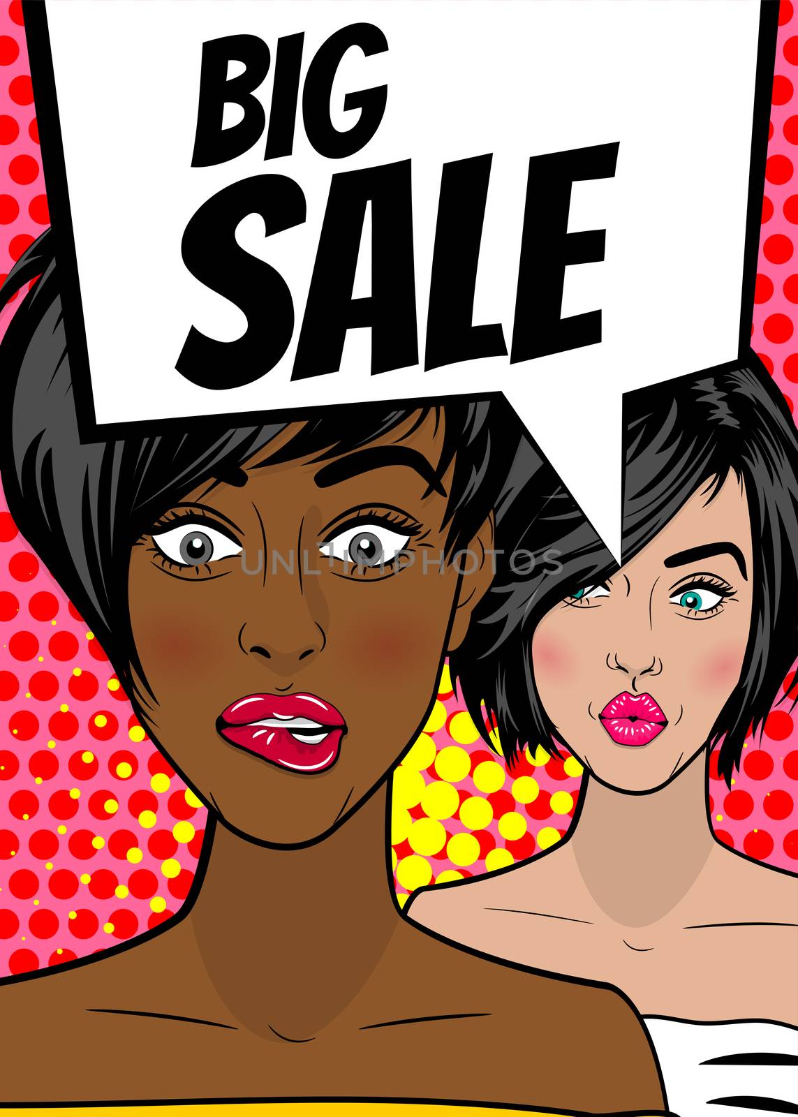 Big sale. Pop art sexy women advertise vintage poster. Comic book text balloon speech bubble. Discount banner vector retro illustration. Girls comic wow face surprised marketing special offer.