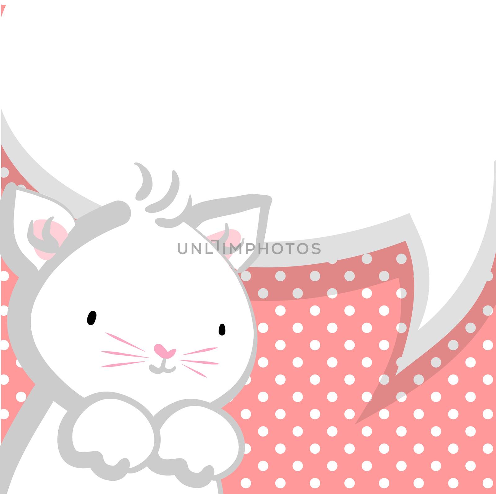 Vector festive hand drawn cat illustration. Comic bubble, empty balloon. Pink halftone background. White cute little kitty pink nose for baby.