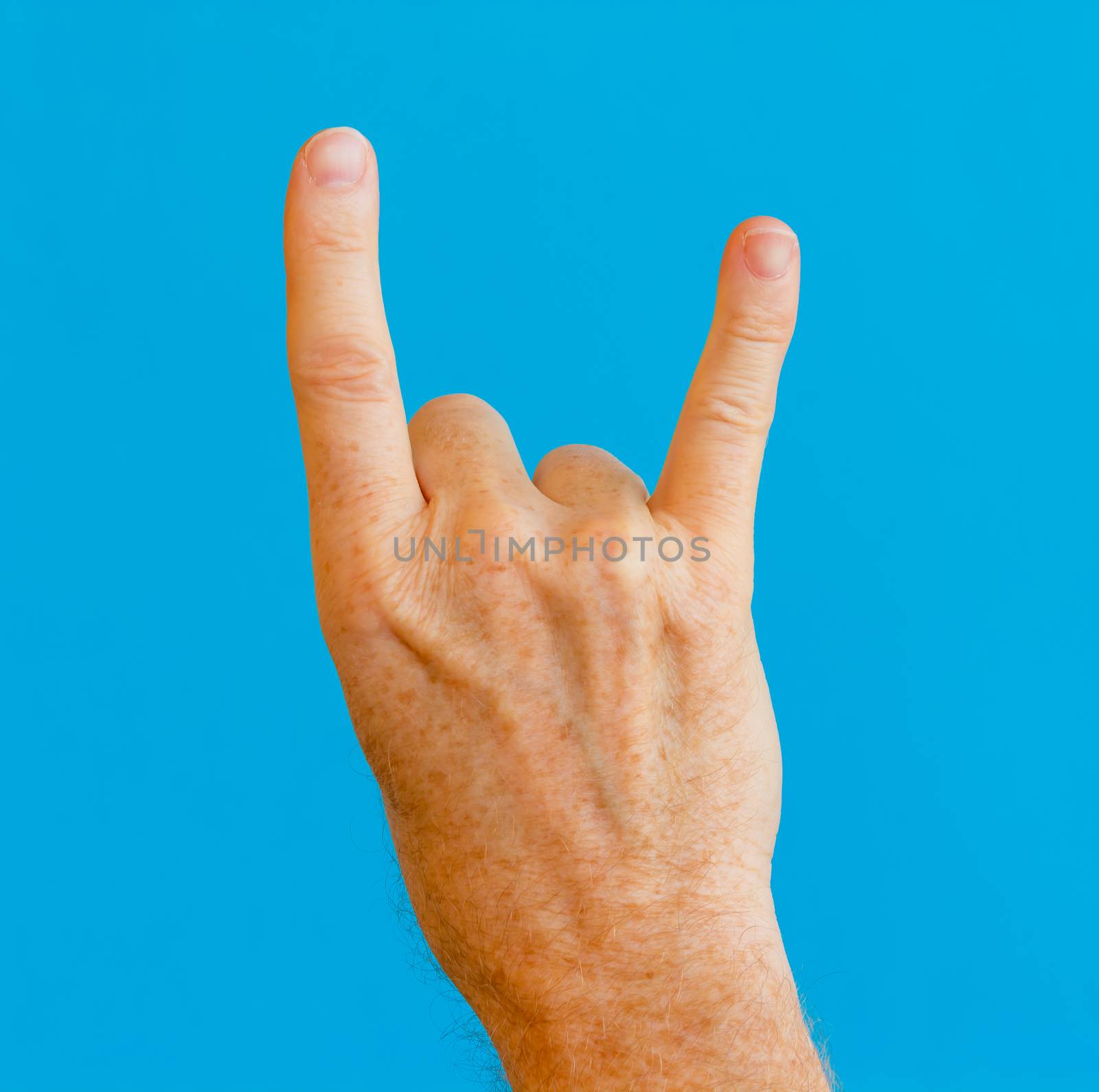 one hand makes the gesture of the horns which has the meaning approval, good luck and complicity  in central and northern Europe, or vulgar and offensive in Mediterranean Europe.