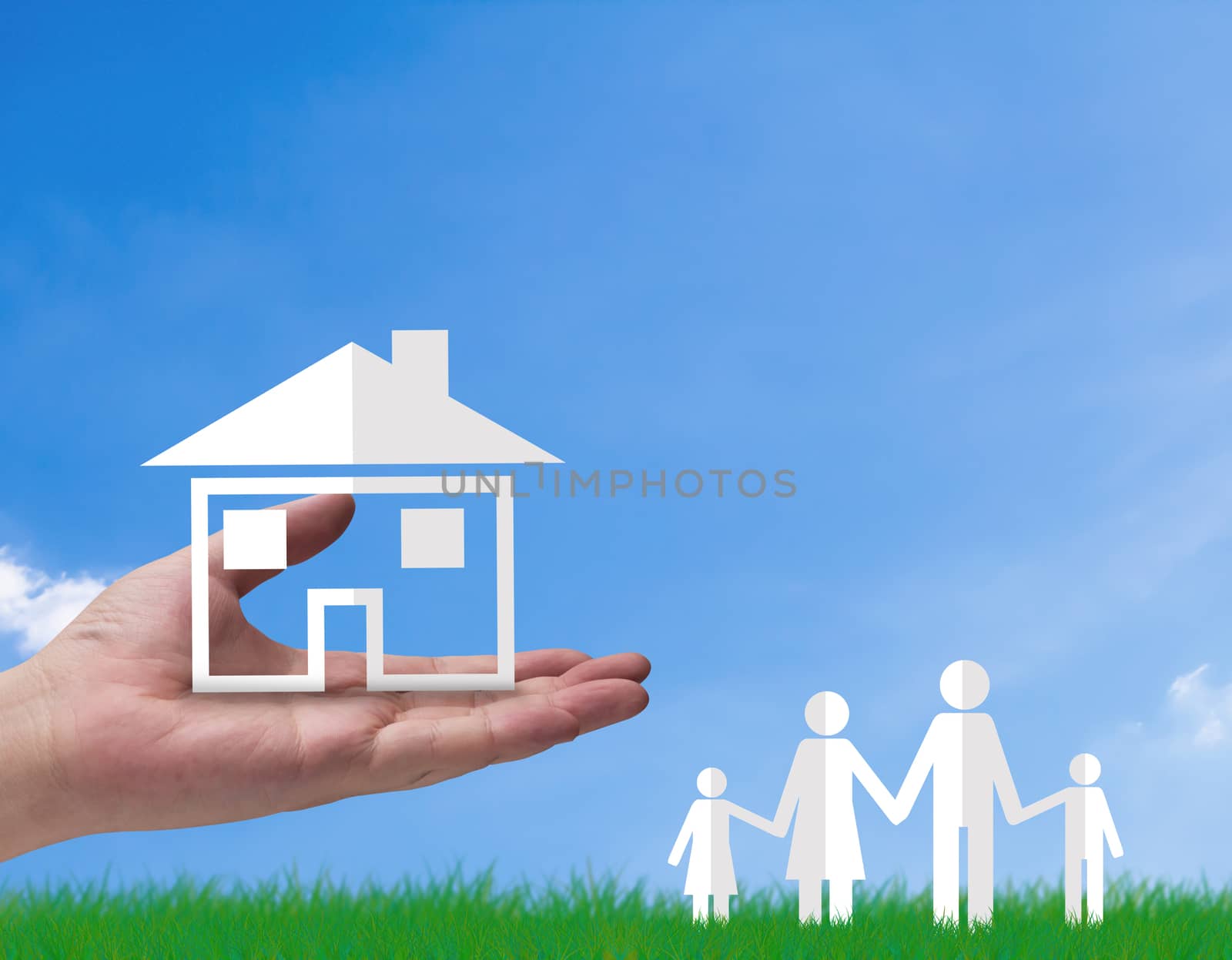 Family home, life and dream concept, paper cut people icon and hand holding house