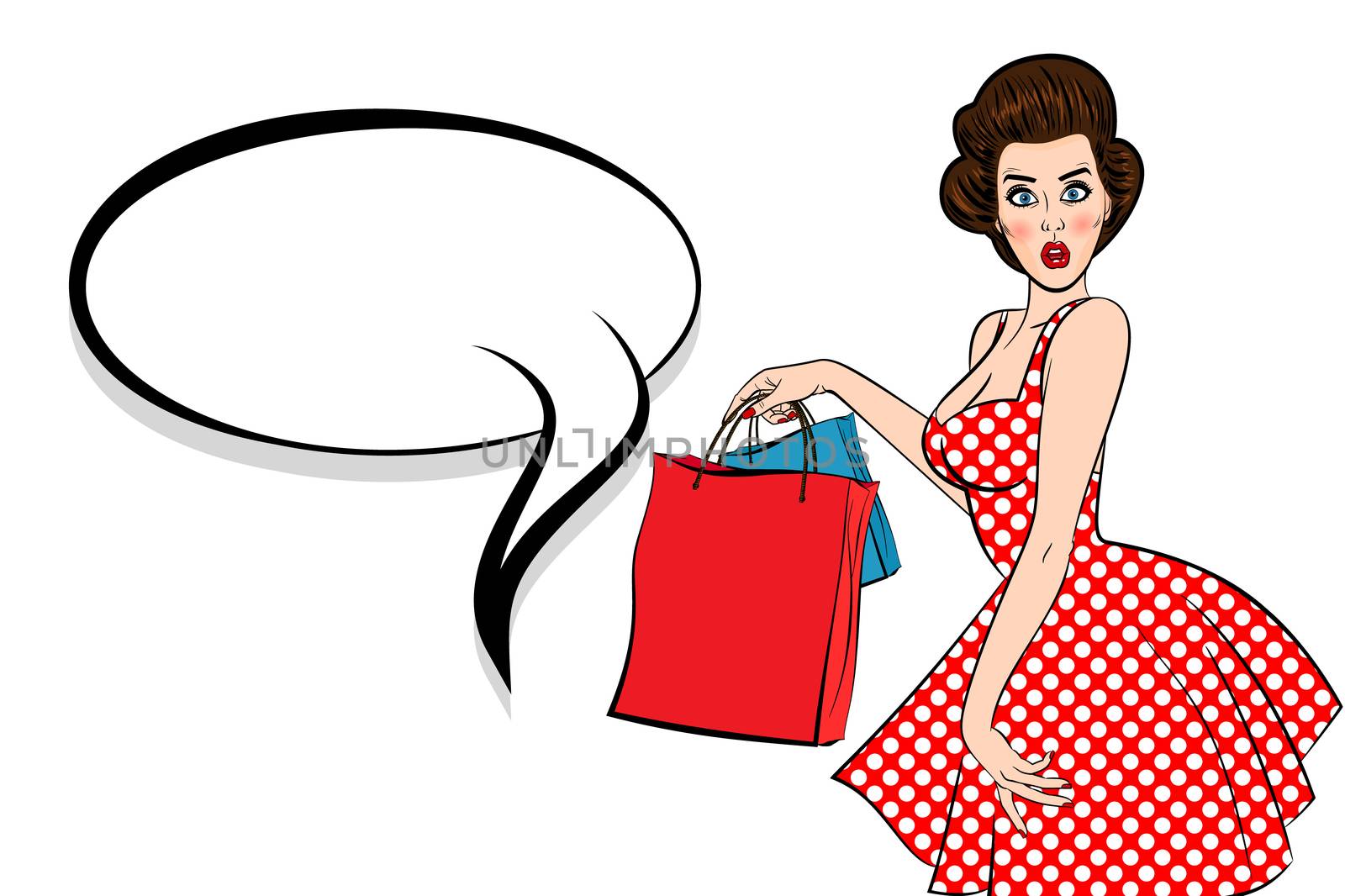 Pop art brunette woman vintage customer. Shop black friday sale. Sexy young attractive pinup girl hold bag. Retro wow surprised face open mouth. Speech bubble, empty comic text box. Female breast