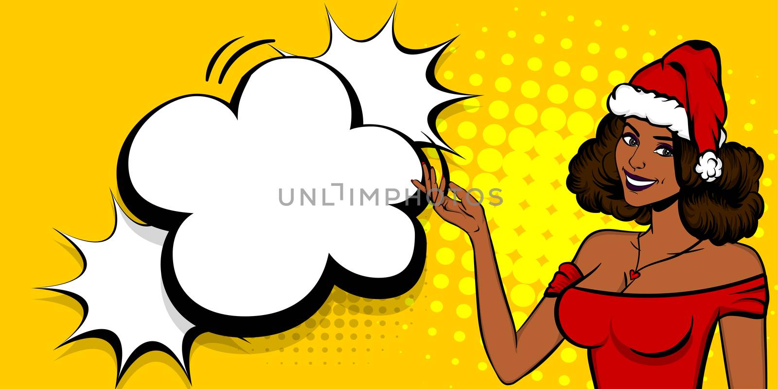 Beautiful black afro woman pop art girl show empty speech bubble cloud for Christmas greeting. Blonde hair red Santa Claus hat. Holiday vintage halftone advertise background for comic text.