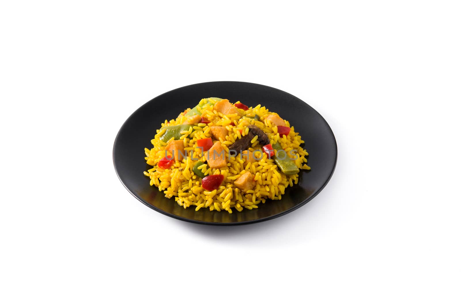 Fried rice with chicken and vegetables on black plate  by chandlervid85
