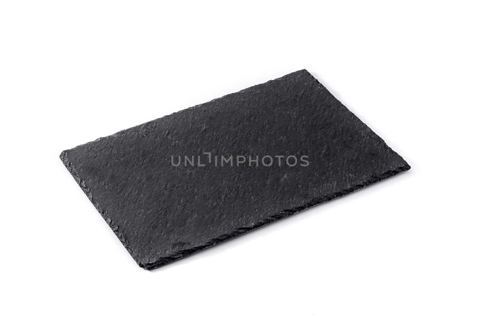 Empty black slate plate isolated on white background