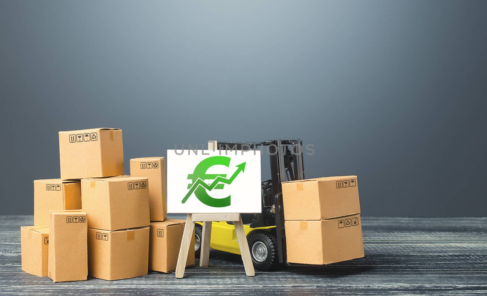 Forklift near boxes and easel with green euro positive trend growth chart. Rise rade production rates sales. Economic rise and recovery. Price increase, higher income. High import export. by iLixe48