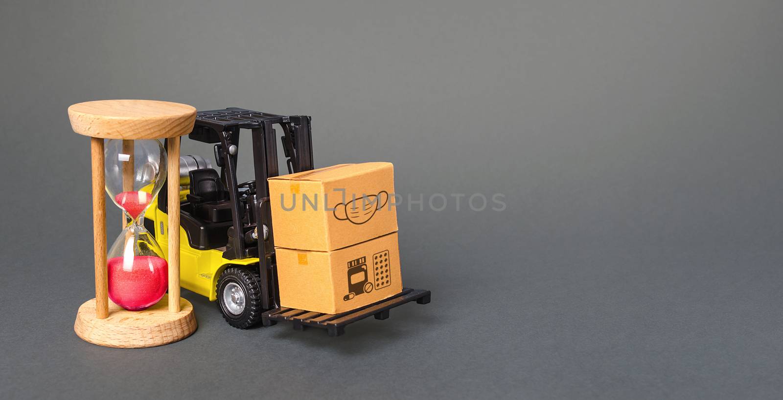 Forklift with boxes and hourglass. Urgent delivery of medicines and medical protective masks. Supply hospitals and populations to stop spread COVID-19 coronavirus, contain padnemia. Express shipping by iLixe48