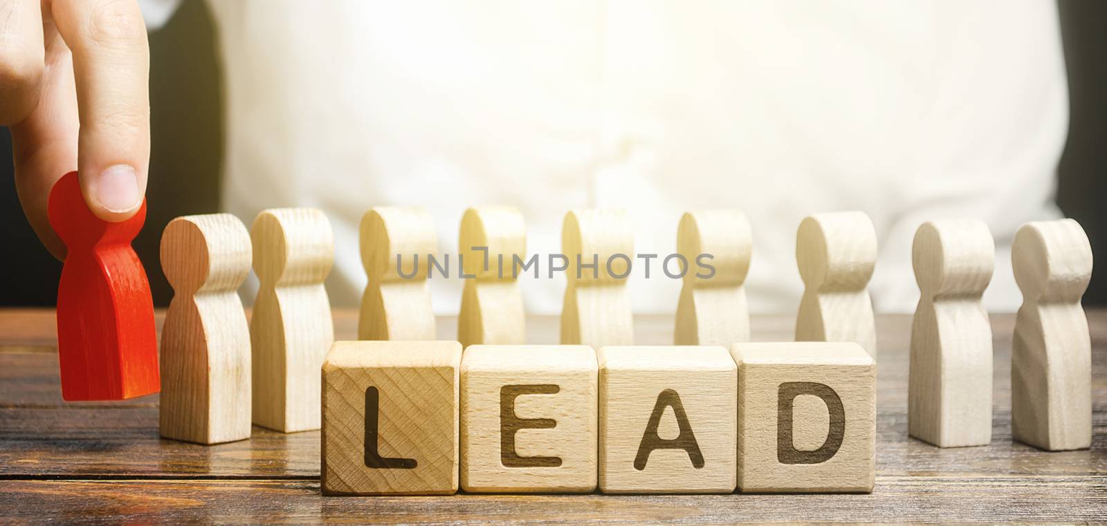 Man puts a leader at head of line of people. Project leadership. Appointment to a responsible post, strategic management planning. Distribution business optimization. Career promotion to leading post. by iLixe48