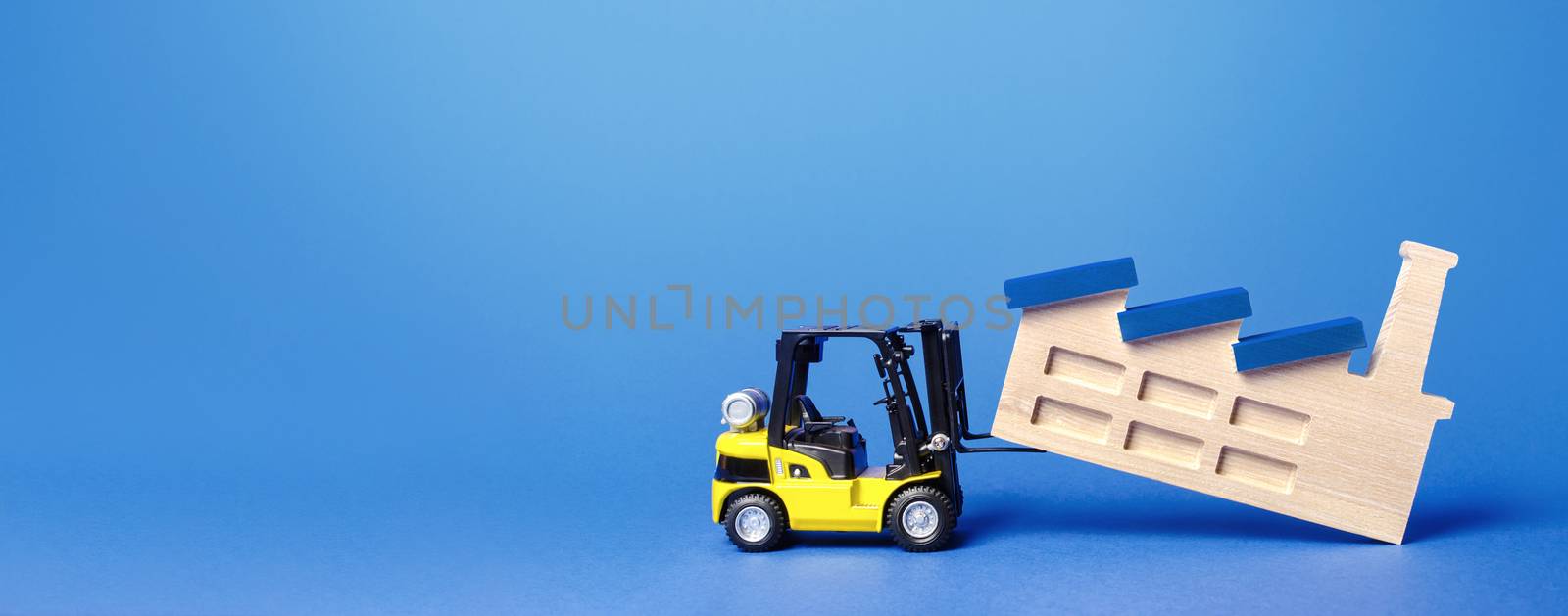 Forklift truck transports a factory plant to new location. Revision of strategy for allocation of production facilities. Change in manufacturing chains. Rejection of heavy dirty industry. by iLixe48