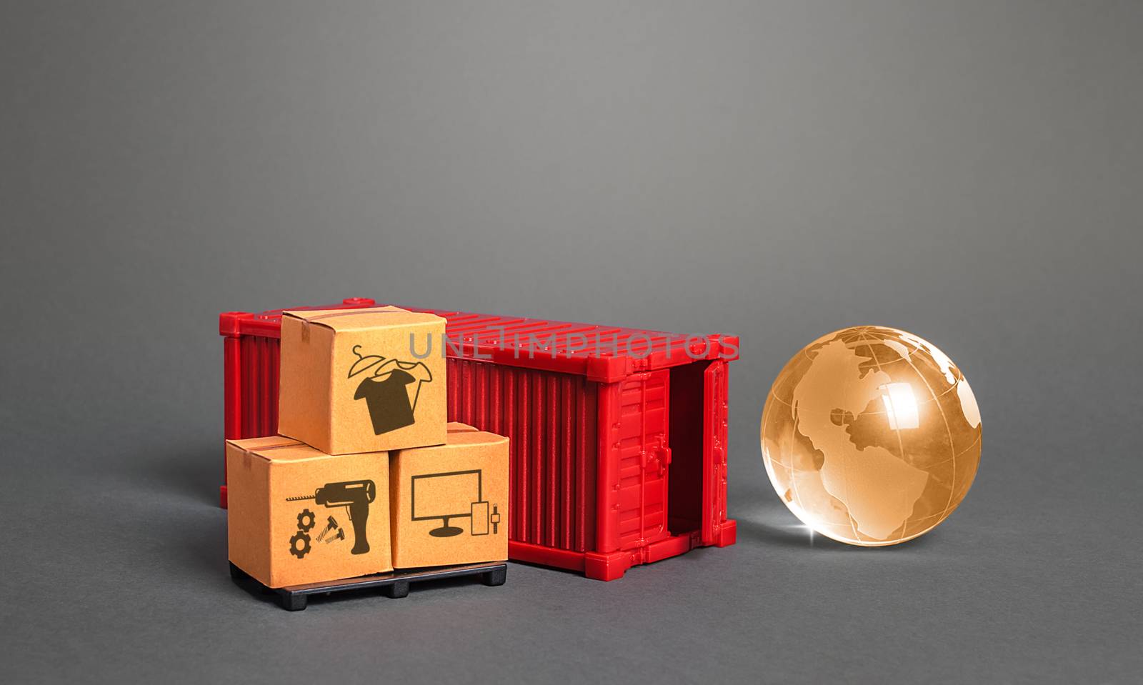 Orange globe, cardboard boxes and red freight ship container. International world trade. Deliver goods, shipping. Import export traffic. Delivery goods under closed borders, quarantine restrictions. by iLixe48