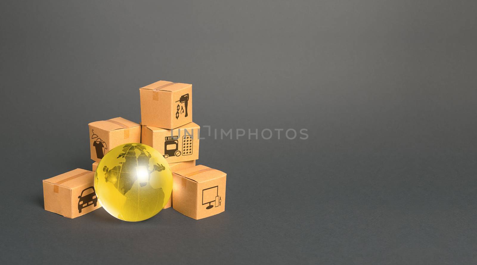 Golden glass globe and cardboard boxes. Globalization markets. Economics development. International world trade distribution. Delivery of goods, shipping. Global economy, import export freight traffic by iLixe48