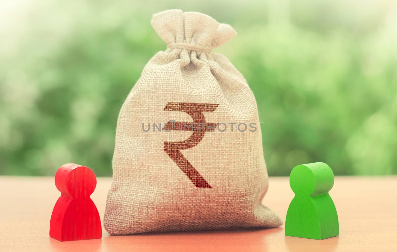 Indian rupee money bag and a deal between two persons. Business lending, leasing. Tender competitiona contract. Trade agreement. Negotiation process dealings. Dispute solution. Finance surety promise by iLixe48