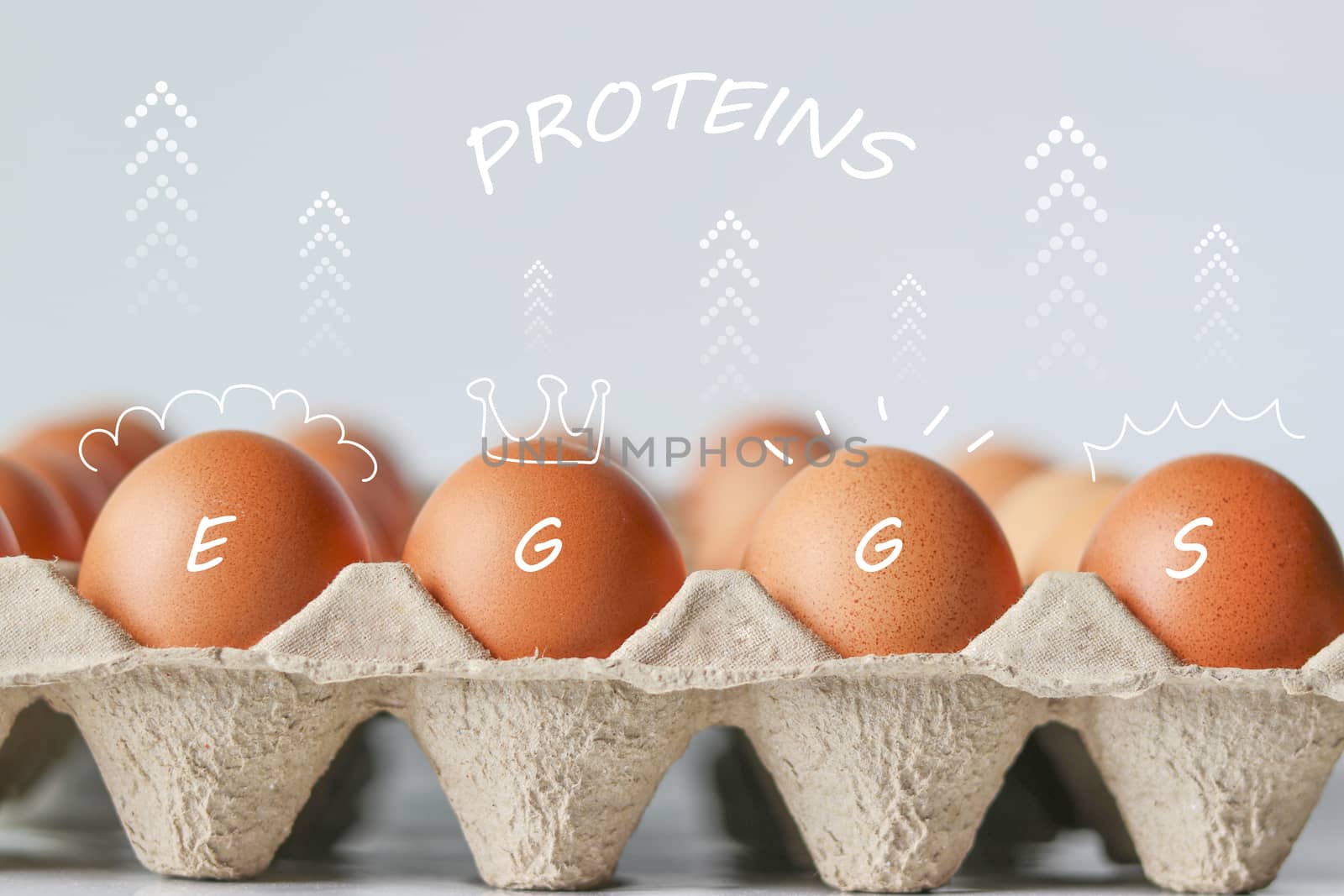 Eggs and arrows that show the high protein value. Eggs with arrow symbol and protein floating above.