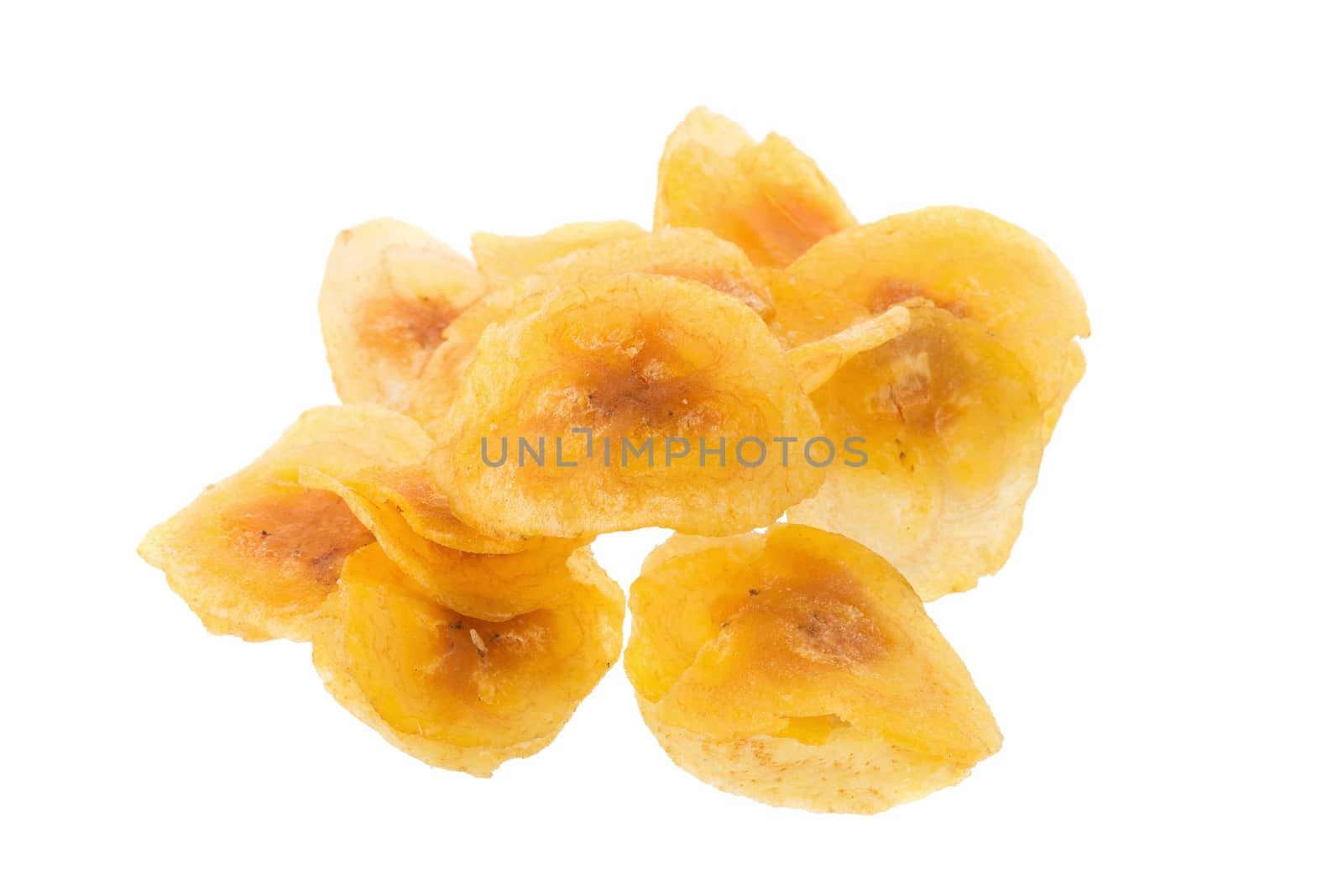 Dried banana chips. Yellow deep fried slices of bananas Isolated by kaiskynet