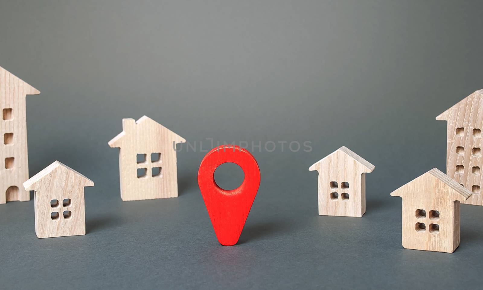 Red navigation pointer in a city town. Places and sights. Location routes. Travel, choosing a new place options of residence. Holidays, festivals events. Assessment of infrastructure and environment.