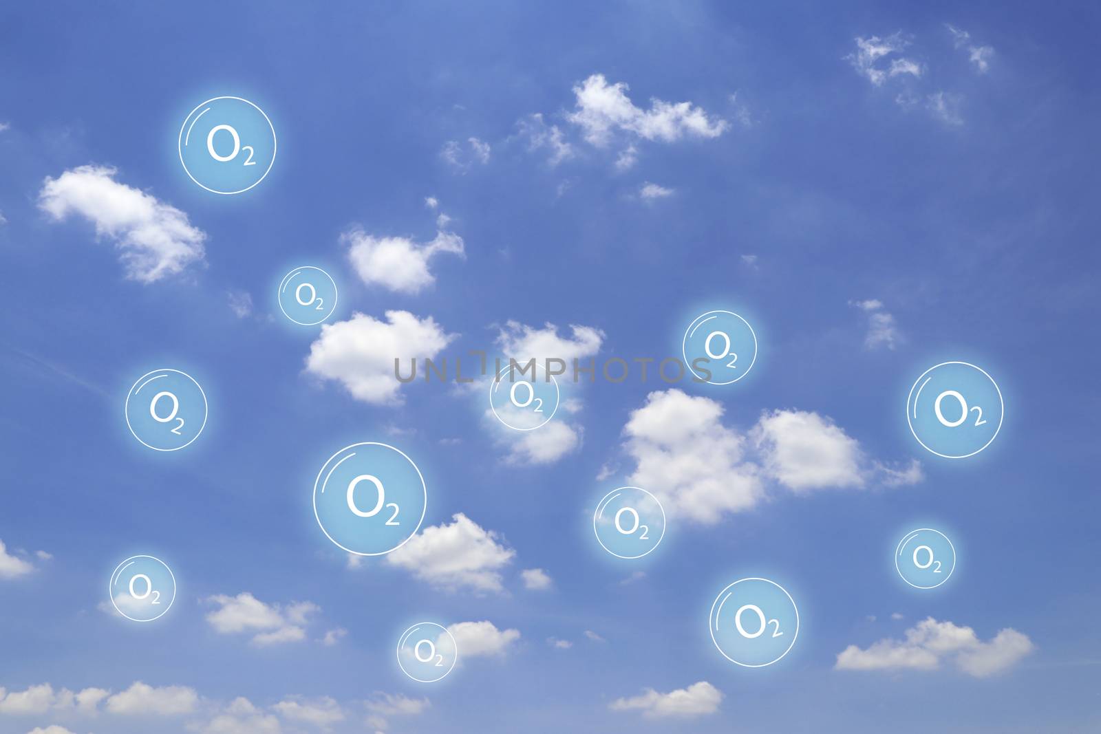 Cloud and blue sky with oxygen symbols floating around. Oxygen floating in the air.