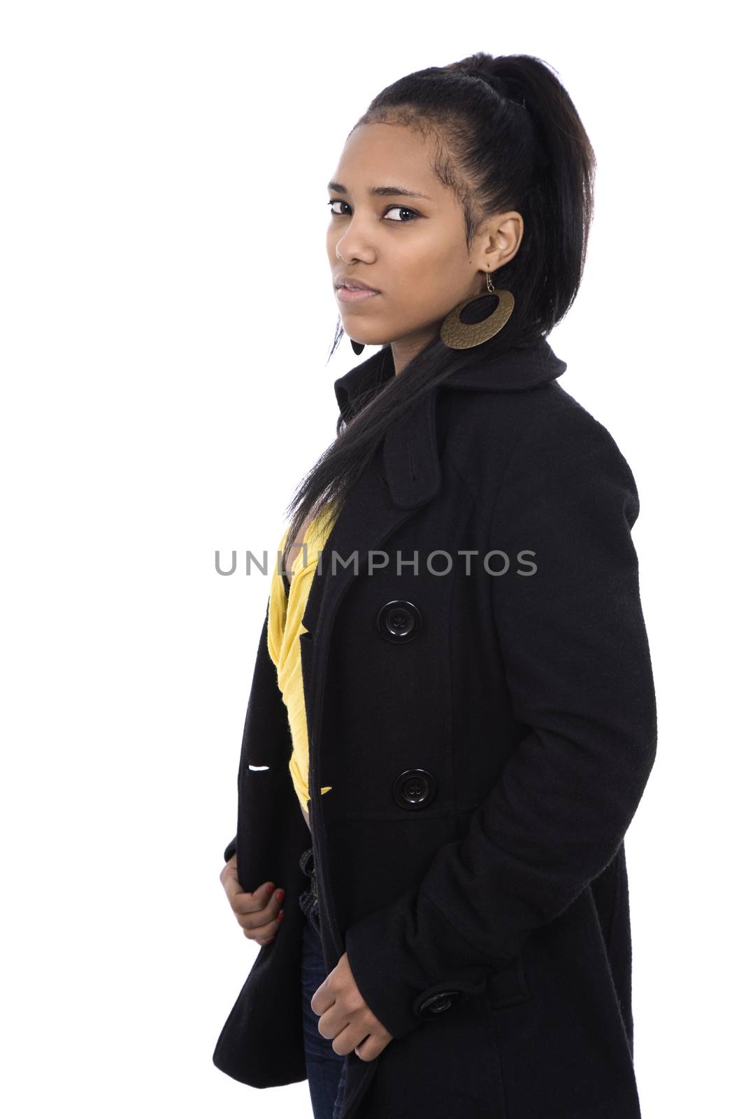 african girl close up portrait, isolated on white background